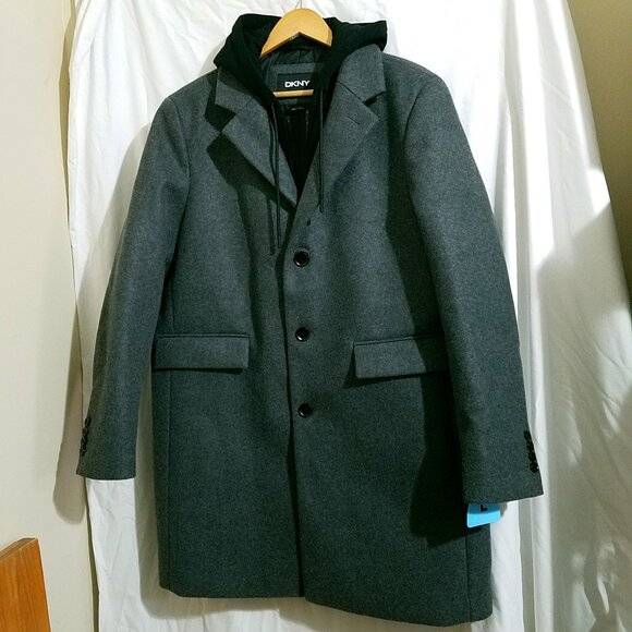 DKNY Men’s Gray Coat Large Removable Black Hoodie NWT - Picture 2 of 16